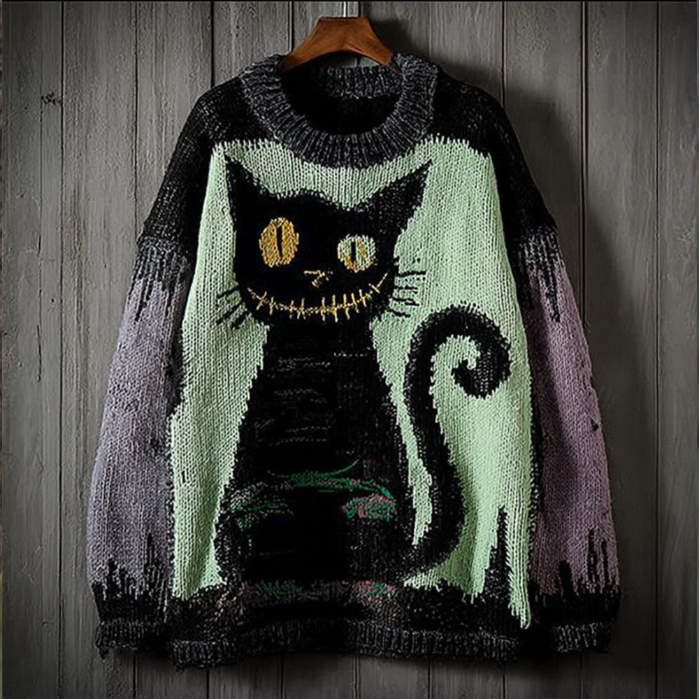 Halloween Devil Cat Retro Round Neck Sweater elevenforest