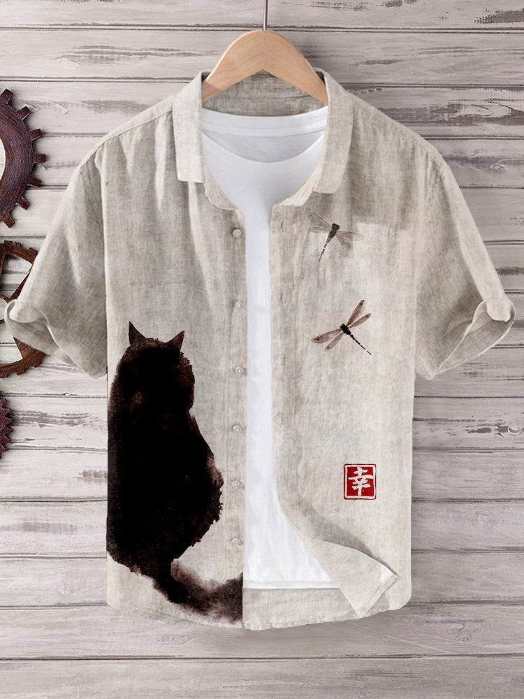Japanese Cat and Dragonfly Pattern Linen Blend Shirt elevenforest
