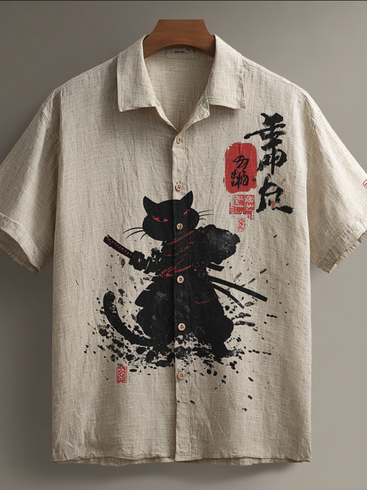 Japanese Art Taste Cat Men Cotton And Linen Short Sleeve Shirt elevenforest
