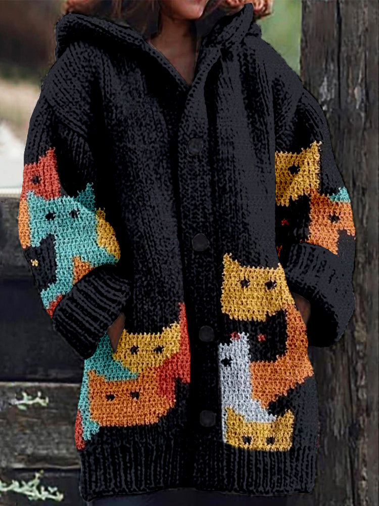 Cute Colorful Cats Knit Art Cozy Hooded Cardigan elevenforest
