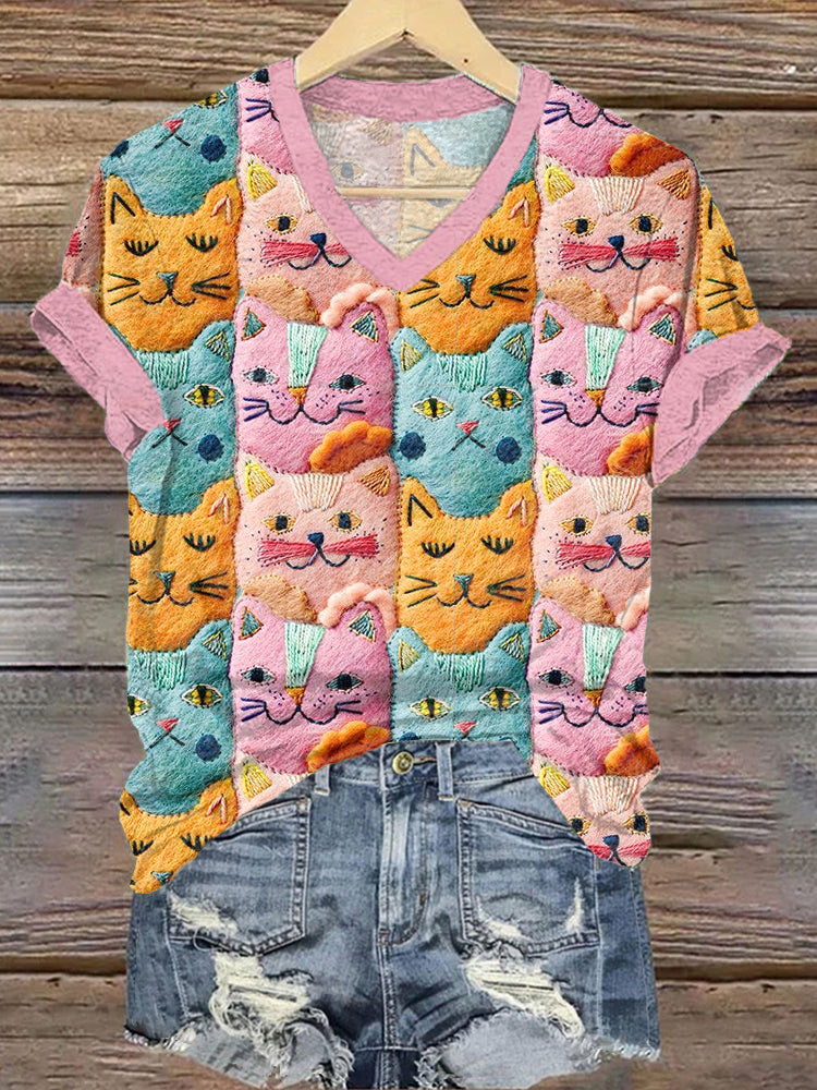 Cute Cat Pattern V-neck Short Sleeve T-Shirt elevenforest