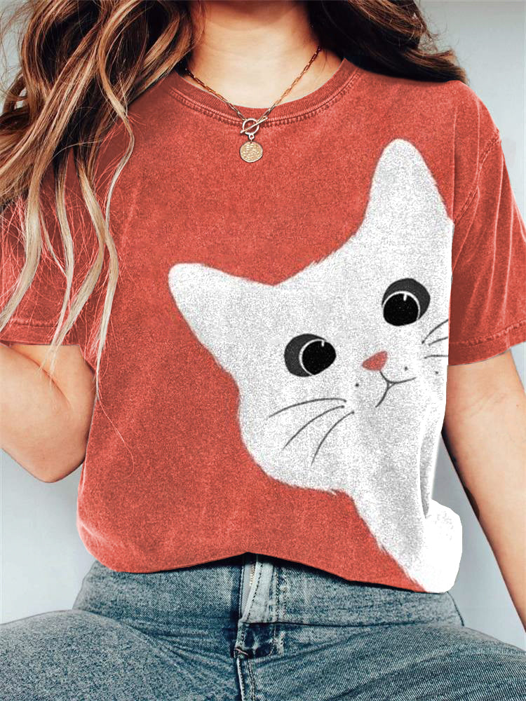 Cute White Cat Art Print Casual T-Shirt elevenforest