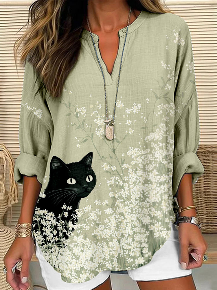 Black Cat In A Flower Meadow Art Cozy Linen Tunic elevenforest