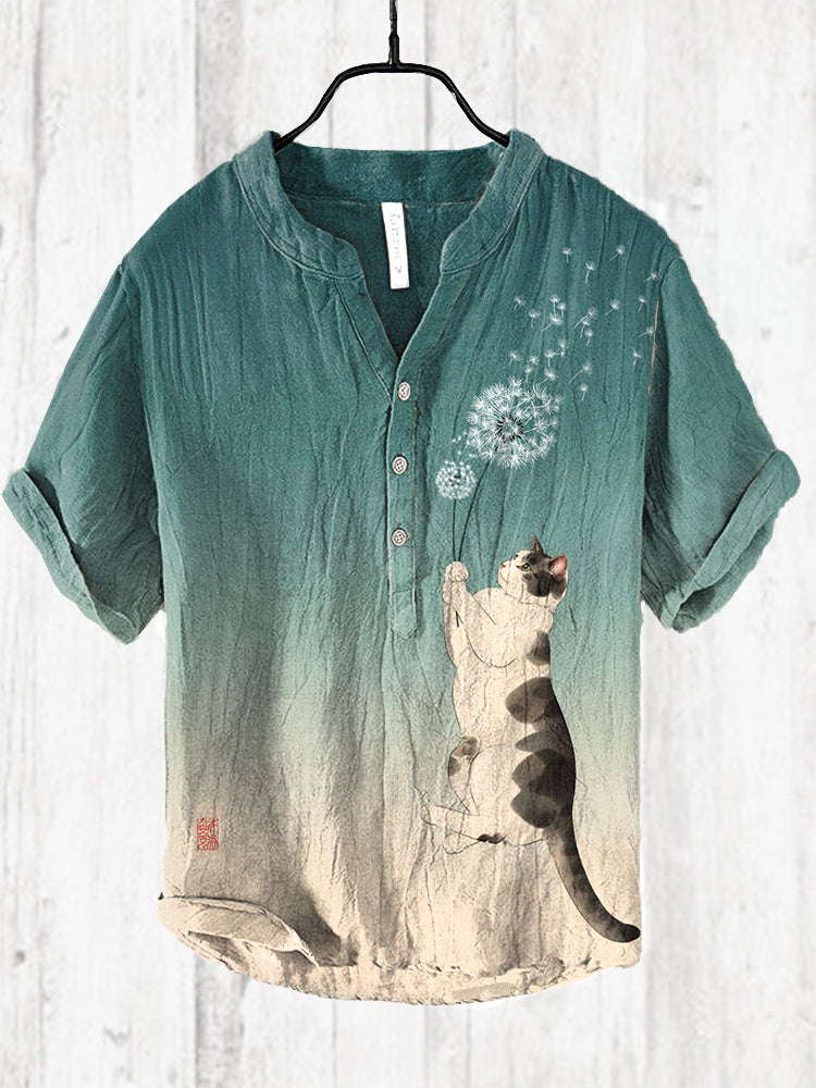 Funny Cat & Dandelion Print Cozy Cotton Linen Shirt elevenforest