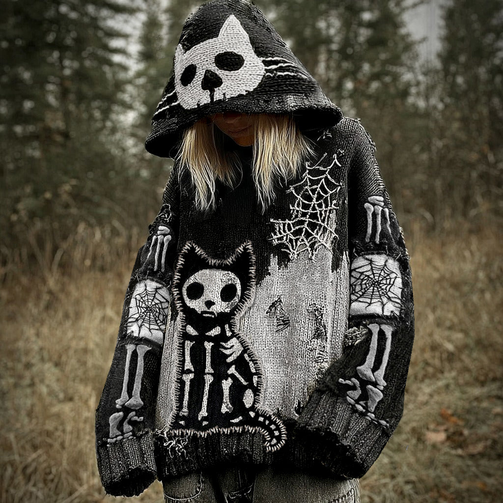 Halloween Funny Black Cat Skull Spider Web Jacquard Knitted Hooded Sweater elevenforest