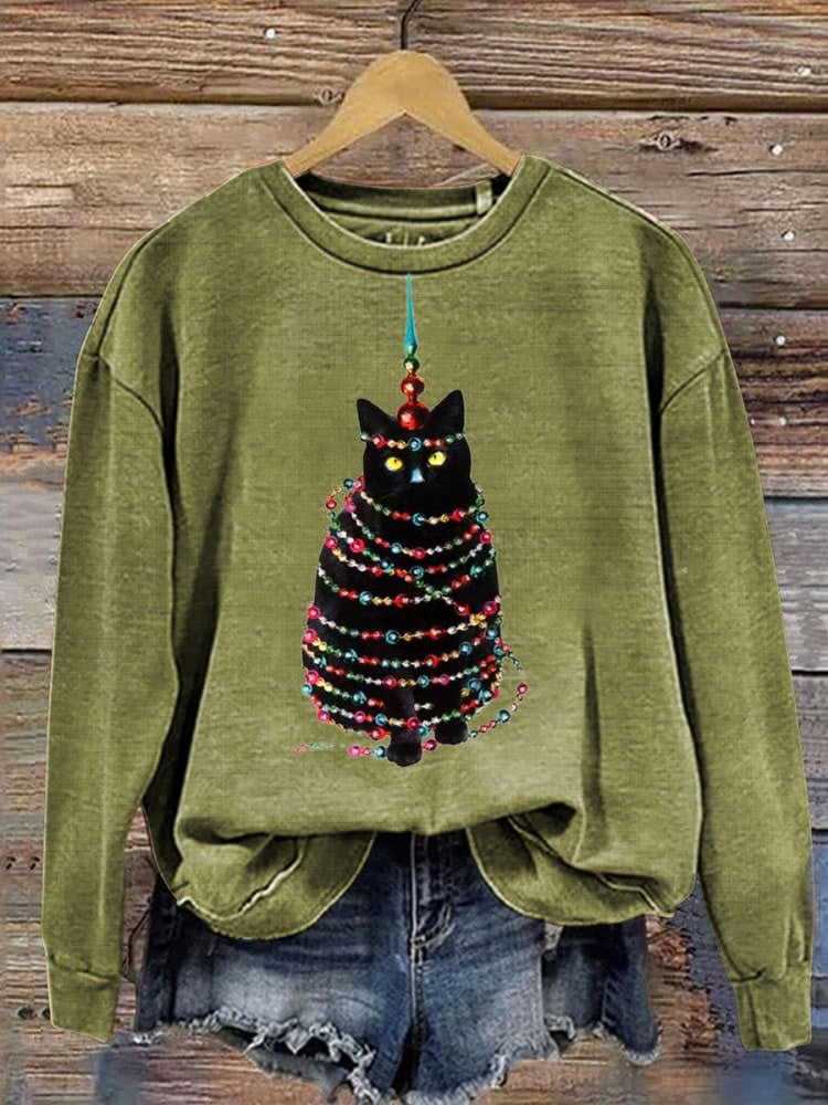 Retro Glitter Cats Christmas Print Casual Sweatshirt elevenforest