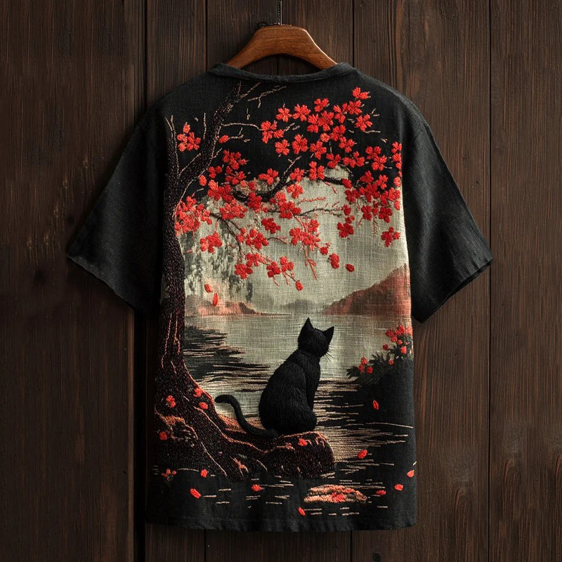 Men's Cat And Cherry Blossom Print Casual V-neck T-shirt elevenforest