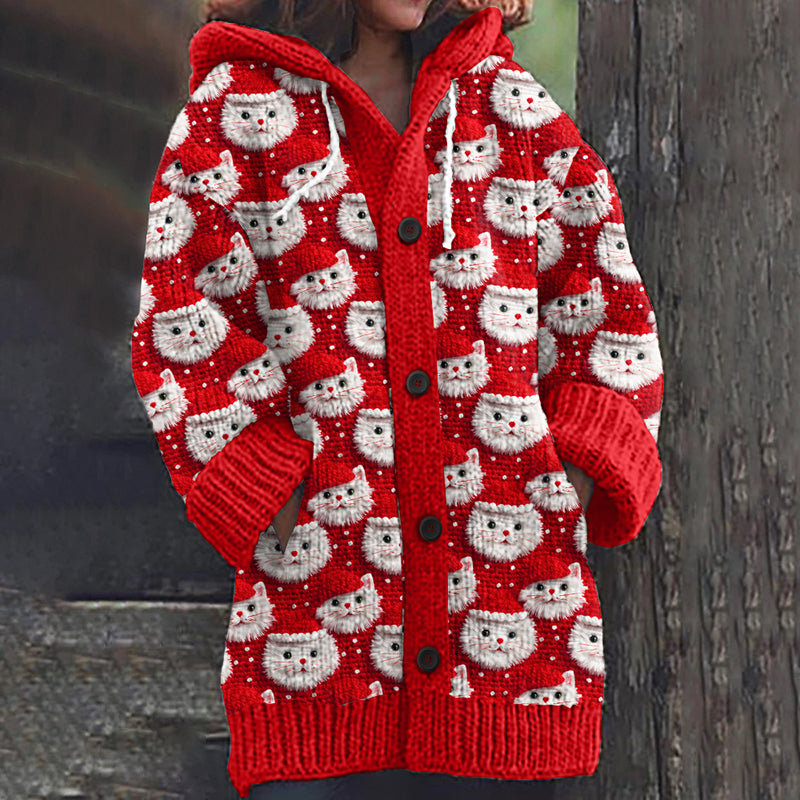 Cute Christmas Cat Print Knitted Hooded Cardigan elevenforest
