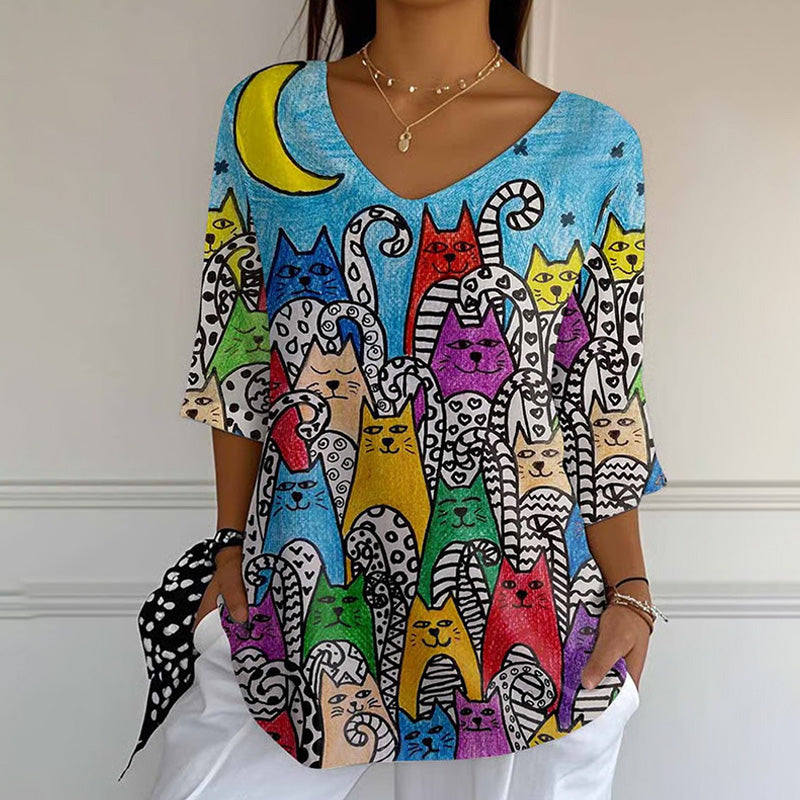 Women's Retro Funny Animal Cat Print Mid Sleeve T-shirt elevenforest