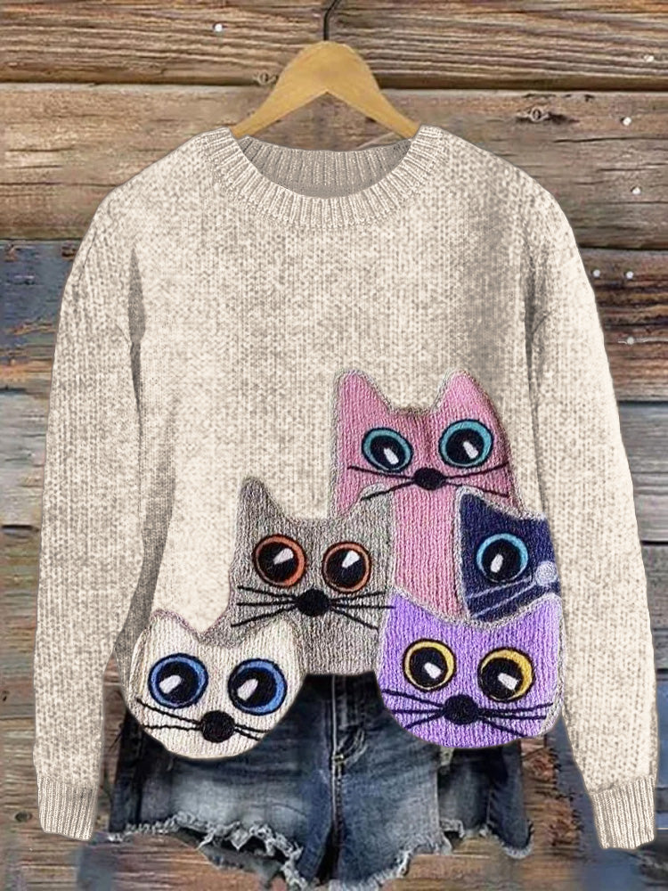 Big Eyes Cats Women's Crew Neck Cozy Sweater elevenforest
