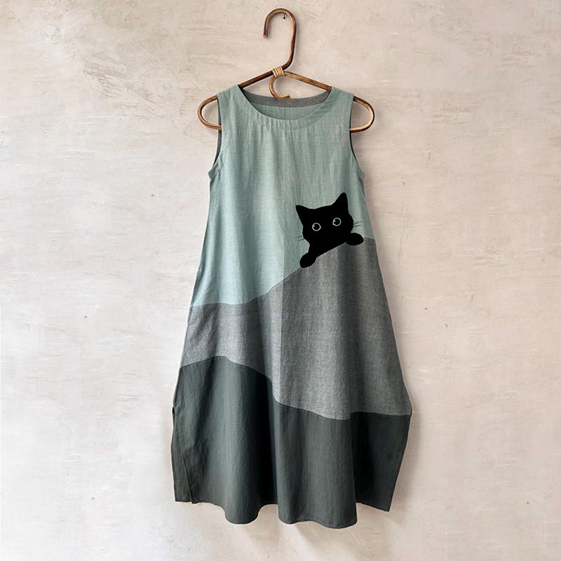 Women's Cute Black Cat In Contrast Color Design Midi Dress elevenforest