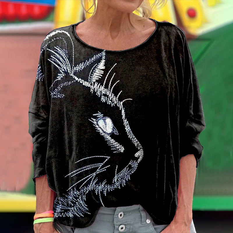 Vintage Cat Embroidery Art Comfy T Shirt elevenforest