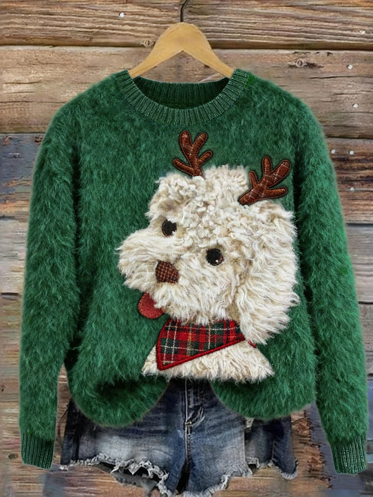Christmas Fuzzy Dog With Reindeer Horns Cozy Sweater artswardrobe