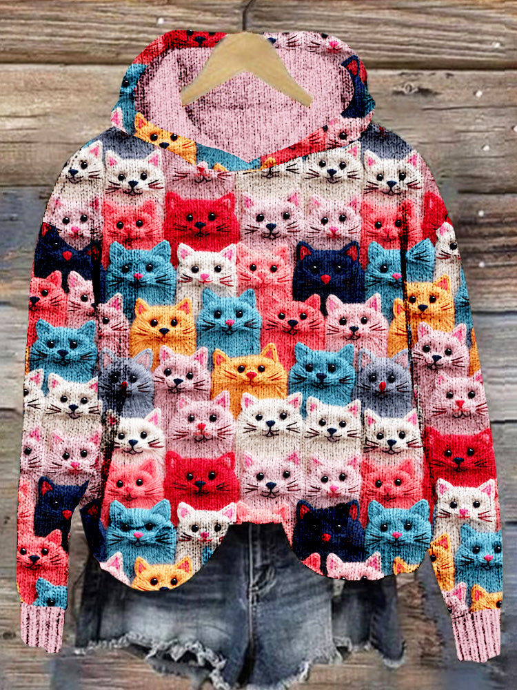 Colorful Cute Cats Embroidered Cozy Knit Hoodie elevenforest