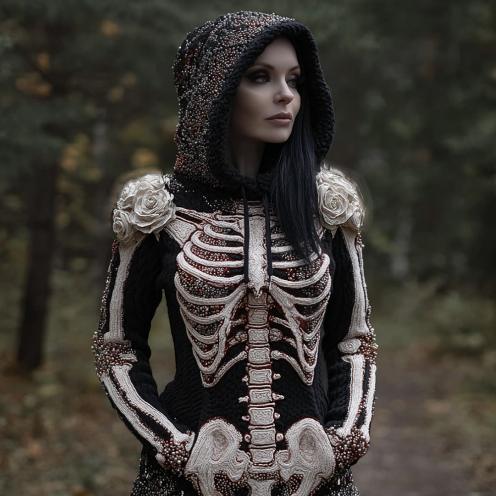 Women Halloween Human Skeleton Skeleton And Flower Hooded Sweater artswardrobe