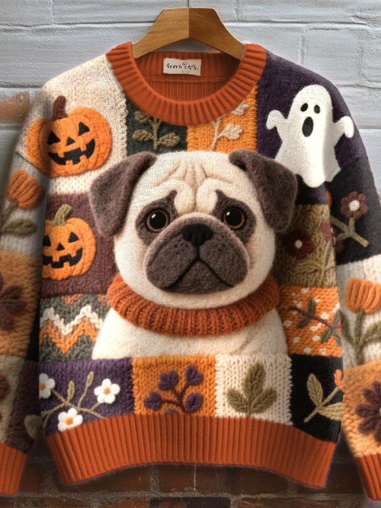 Women's Lovely Pug Felt Art Cozy Knit Sweater artswardrobe