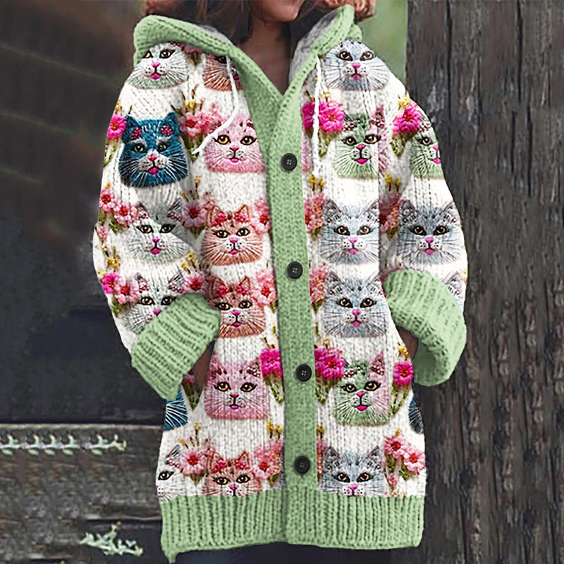 Abstract Colorblock Floral Cats World Art Pattern Cozy Cardigan Sweater elevenforest