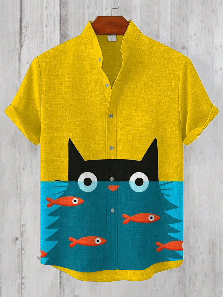 Men's Funny Cat Art Print Linen Blend Shirt elevenforest