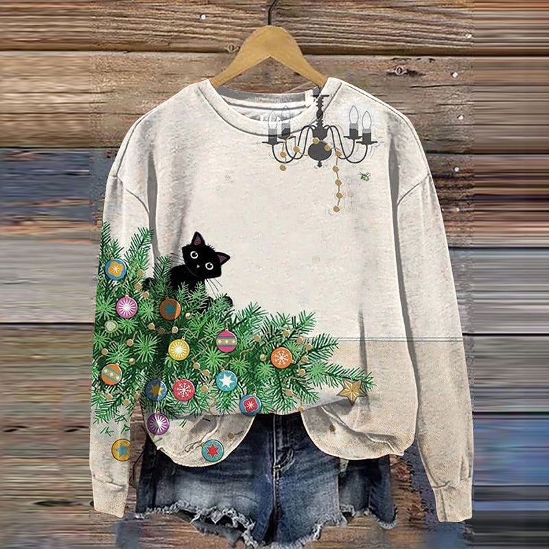 Christmas Cat Art Print Casual Sweatshirt elevenforest