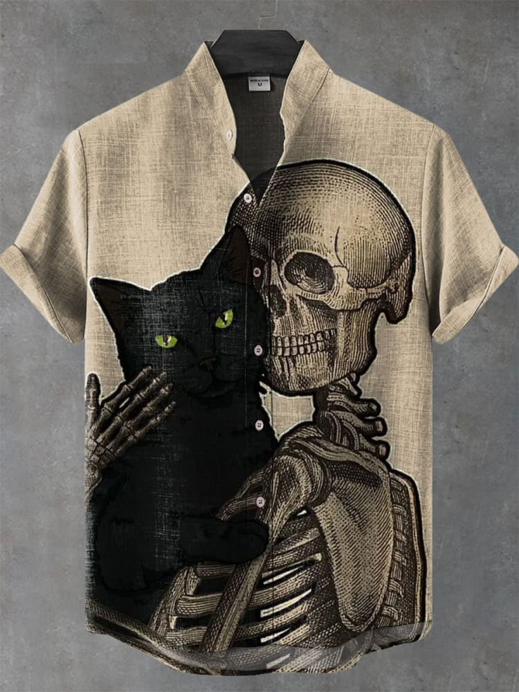 Vintage Skull Holding Cat Art Print Casual Cotton Shirt elevenforest