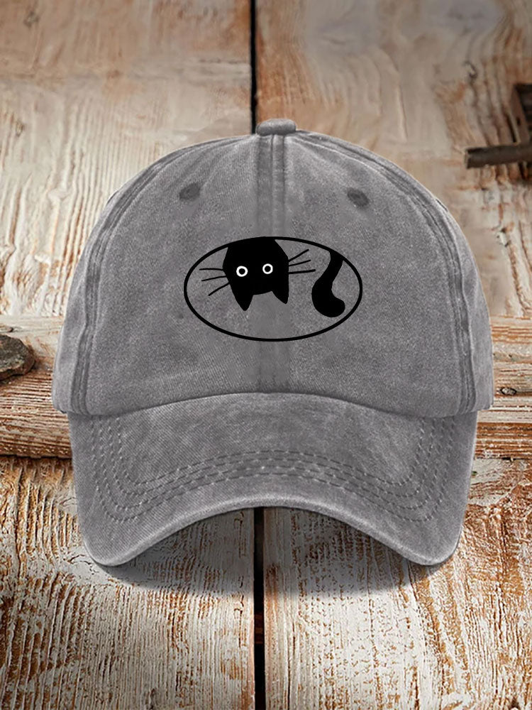 Japanese Art Black Cat Print Washed Hat elevenforest