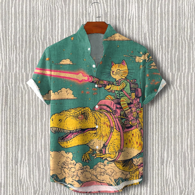 Men's Cat Dinosaur Fun Pattern Vacation Shirt elevenforest