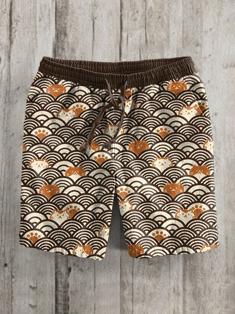 Japanese Waves And Cats Pattern Linen Blend Casual Shorts elevenforest