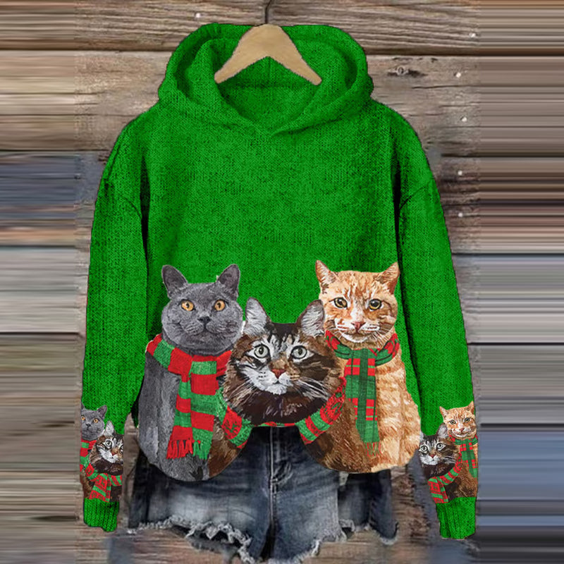 Christmas Cat Print Cozy Knit Hooded Sweater elevenforest