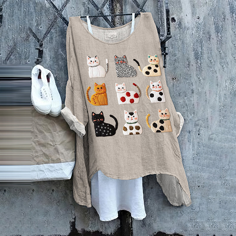 Funny Cat Japanese Art Embroidered Linen Blend Tunic elevenforest