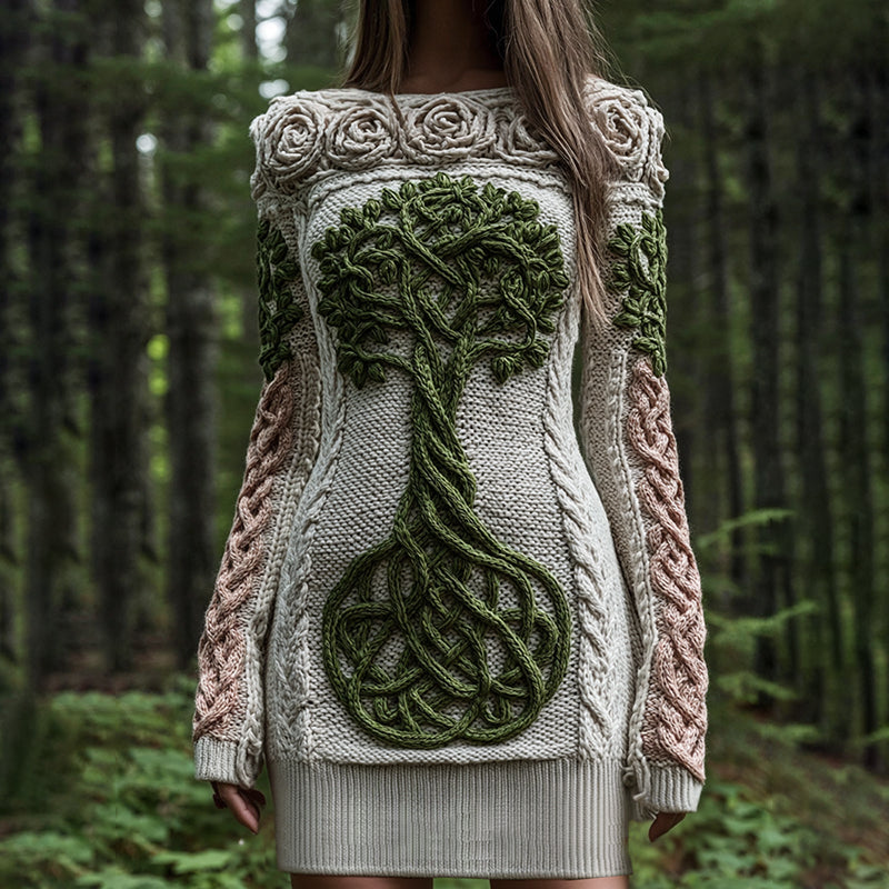 Women's Viking Celtic Tree Of Life With Rose Art Cozy Knit Mini Sweater Dress artswardrobe
