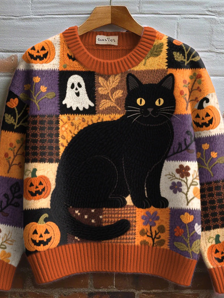 Women's Halloween Inspired Cat Embroidered Cozy Knit Sweater artswardrobe