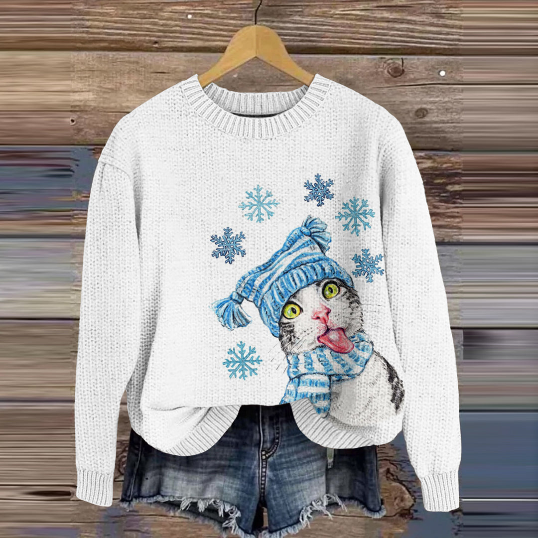 Cute Christmas Cat Embroidery Knitted Cozy Sweater elevenforest