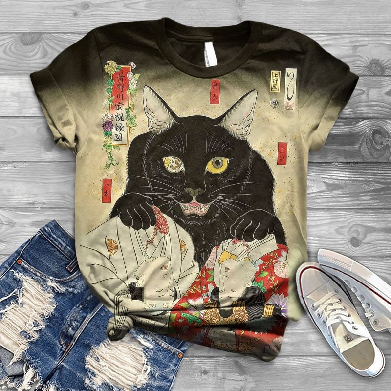 Retro Japanese Cat Demon Print Crew Neck Cozy Vintage T-Shirt elevenforest