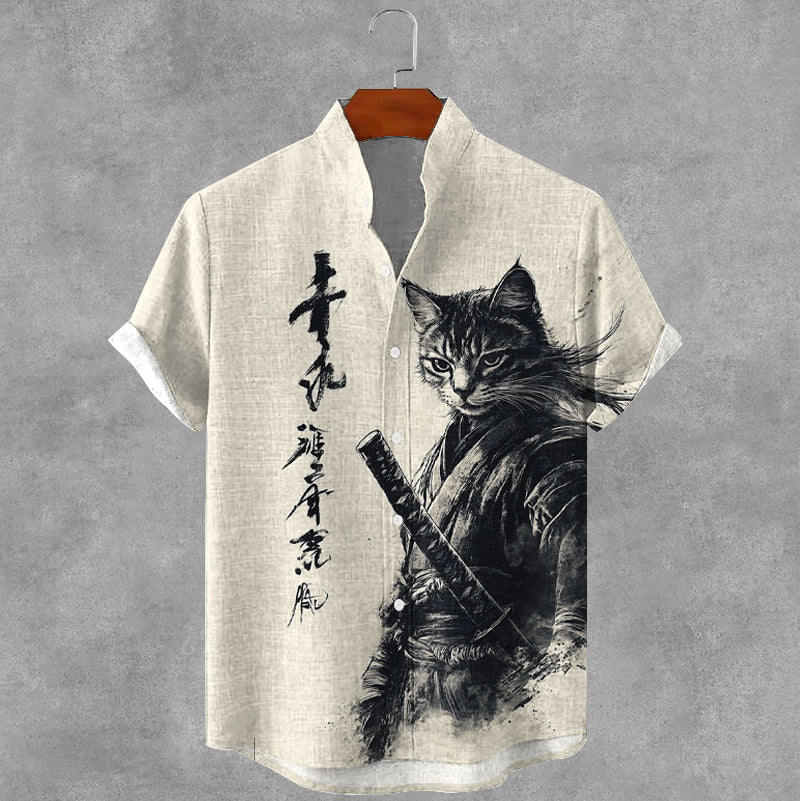 Men's Samurai Cat Japanese Art Print Short Sleeve Shirt elevenforest