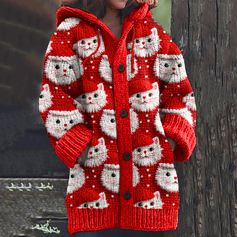 Vintage Christmas Cat Embroidery Knitted Warm Cardigan Sweater elevenforest