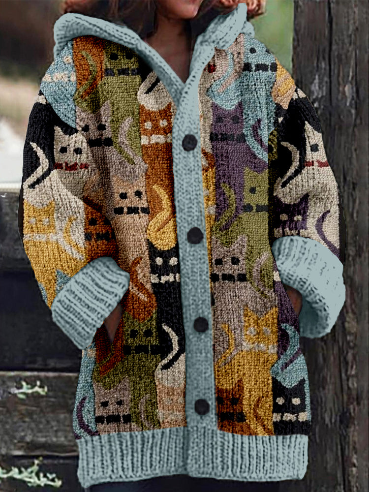 Vintage Cute Cats Pattern Cozy Hooded Cardigan elevenforest