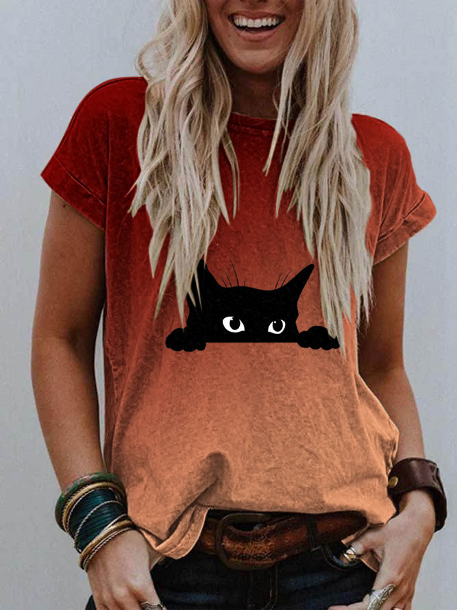 Women's Casual Gradient Black Cat Print T-shirt elevenforest