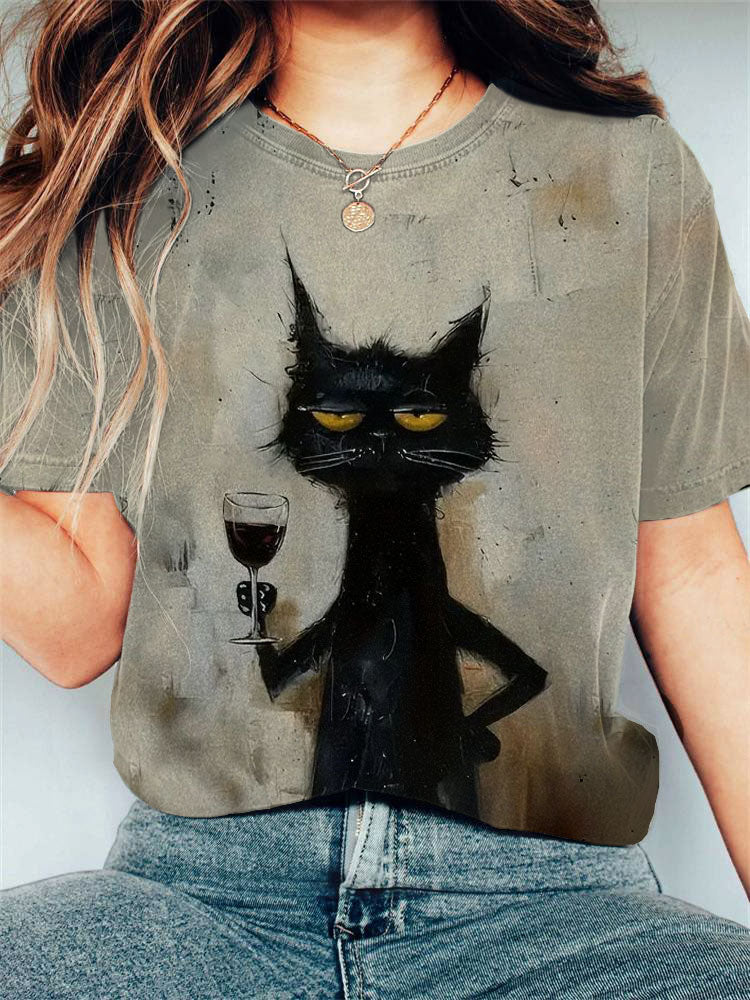 Women's Animal Funny Cat Graphic Print Comfortable T-shirt elevenforest