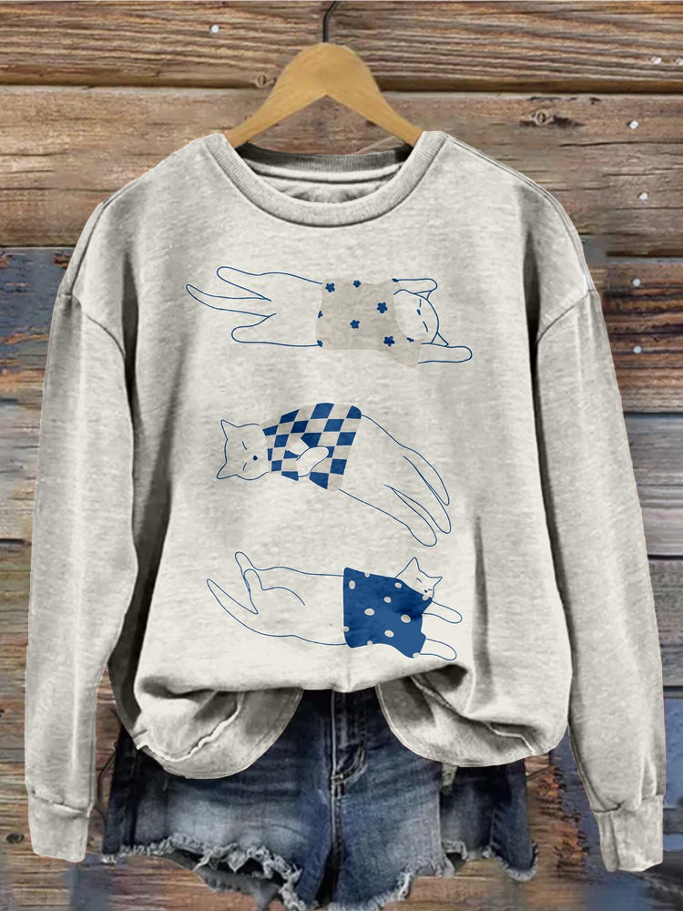 Cute Cat Line Art Pattern Vintage Washed Sweatshirt elevenforest