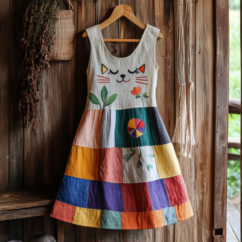 Vintage Abstract Creative Cute Cat With Floral Art Embroidered Cozy Linen Midi Dress elevenforest