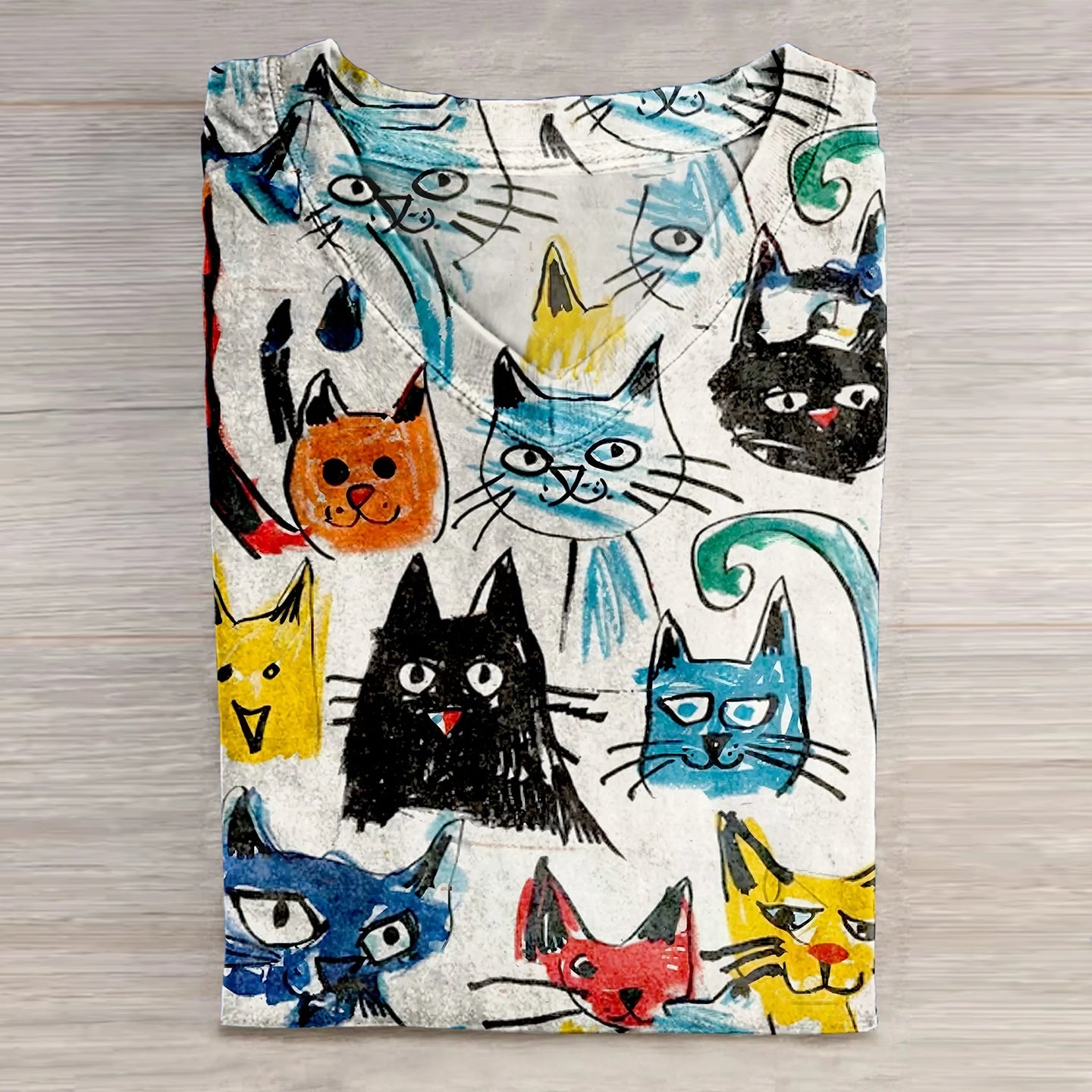 Women's Cute Kid Drawing Cat Art Casual T-Shirt elevenforest