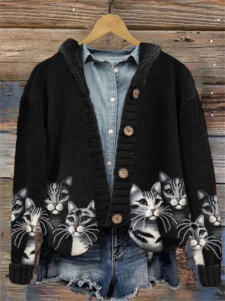 American Shorthair Cats Crochet Cozy Knit Hooded Cardigan elevenforest