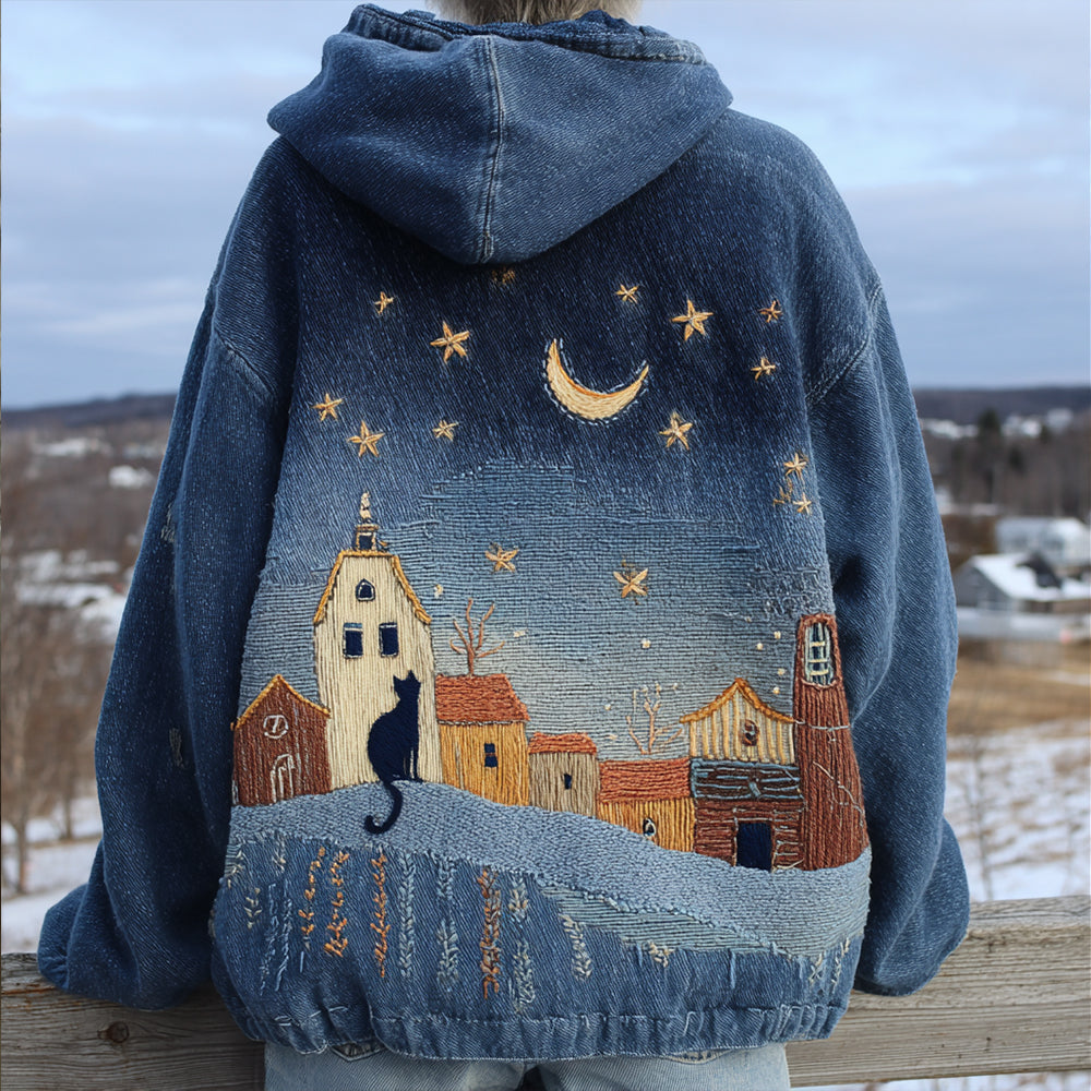 Fairytale Cottage With Lovely Cute Black Cat Inspired Embroidered Washed Hoodie elevenforest