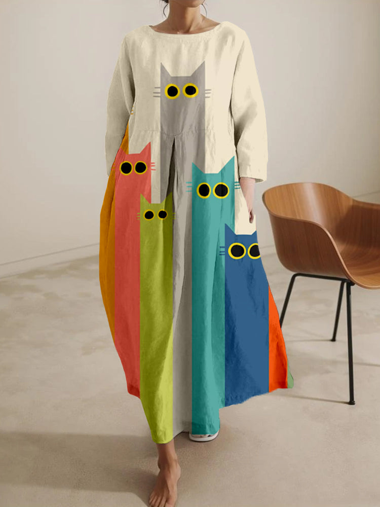 Minimalistic Rainbow Cat Pattern Linen Blend Maxi Dress elevenforest