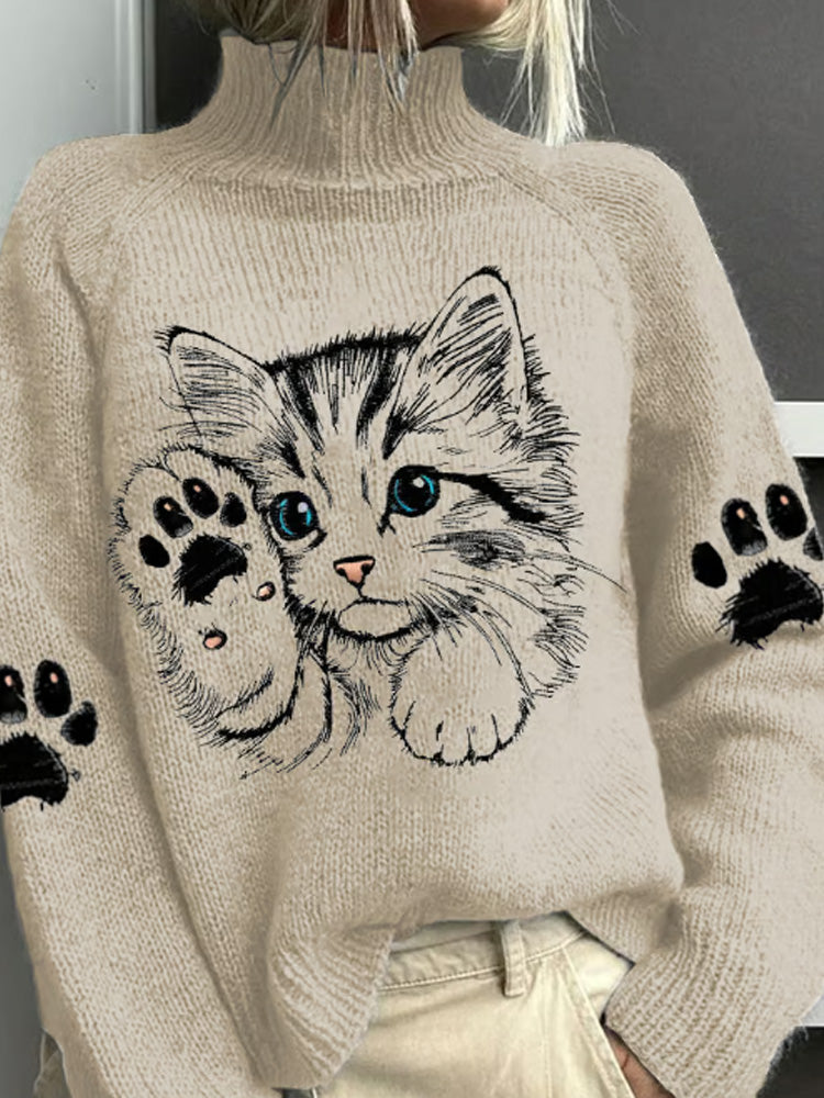 Women's Cute Cat Print Turtleneck Knitted Sweater elevenforest