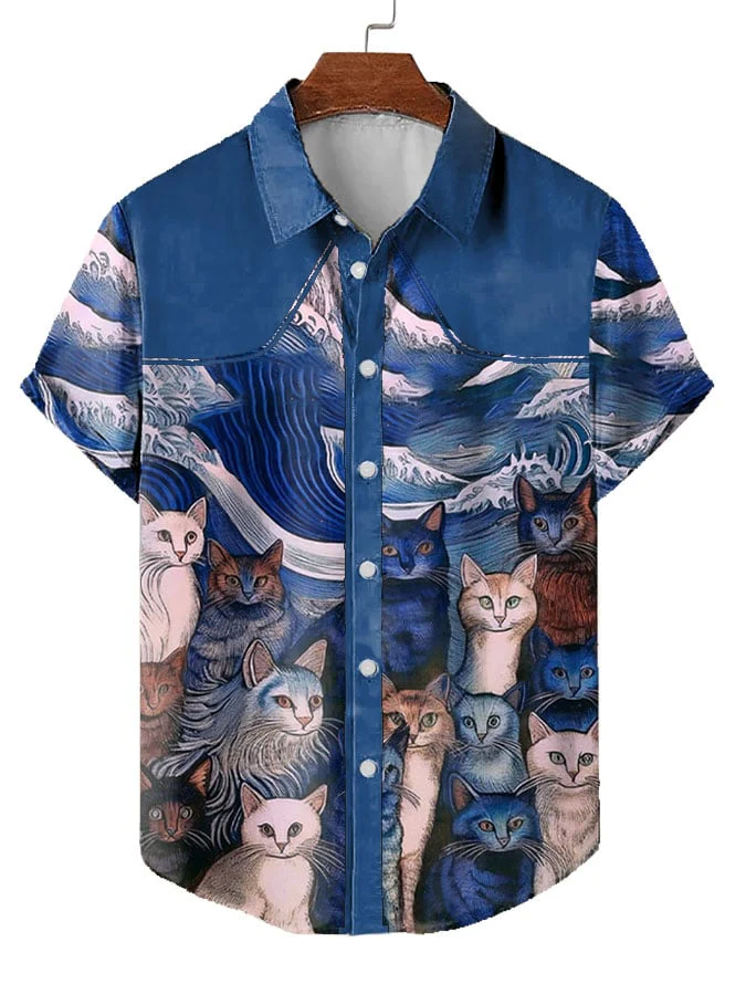 Men's Blue Waves&cats Print Shirt elevenforest
