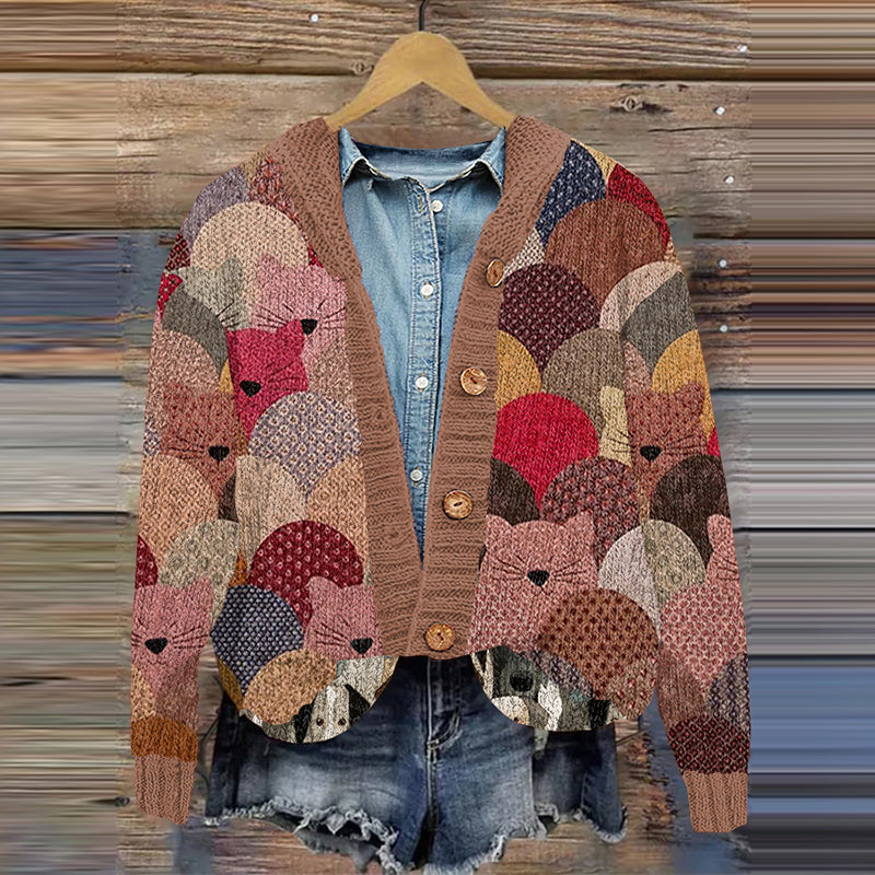 Vintage Cat Art Pattern Women's Cardigan elevenforest
