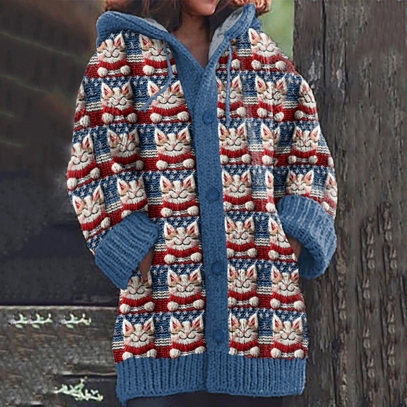 Women's Cat With Red Scarf And American Flag Elements Embroidery Art Graphics Cozy Cardigan Sweater elevenforest