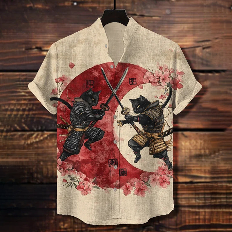 Men's Sakura Yin Yang Two Cat Warriors Battle Print Casual Shirt elevenforest