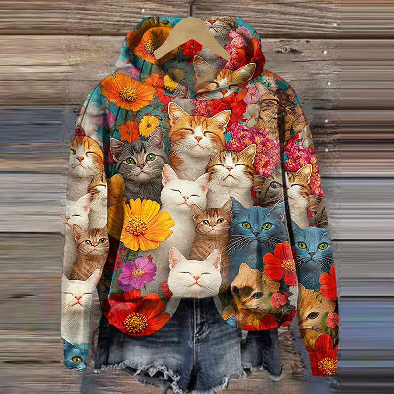 Women Colorful Cats And Floral Art Print Casual Hoodie elevenforest